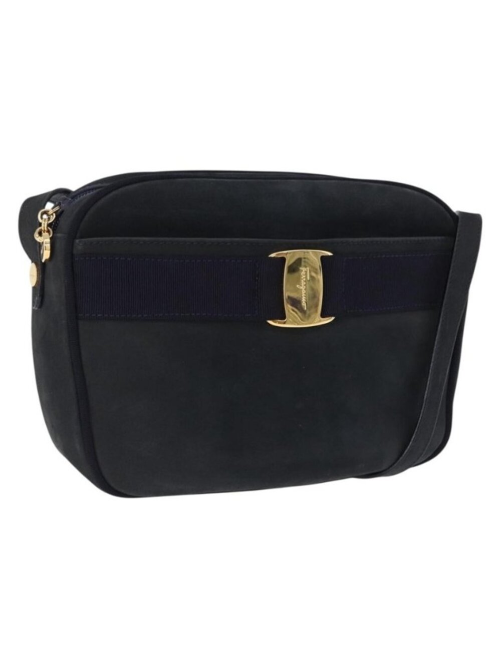 Authentic Salvatore Ferragamo Vala Shoulder Bag Suede Navy Gold